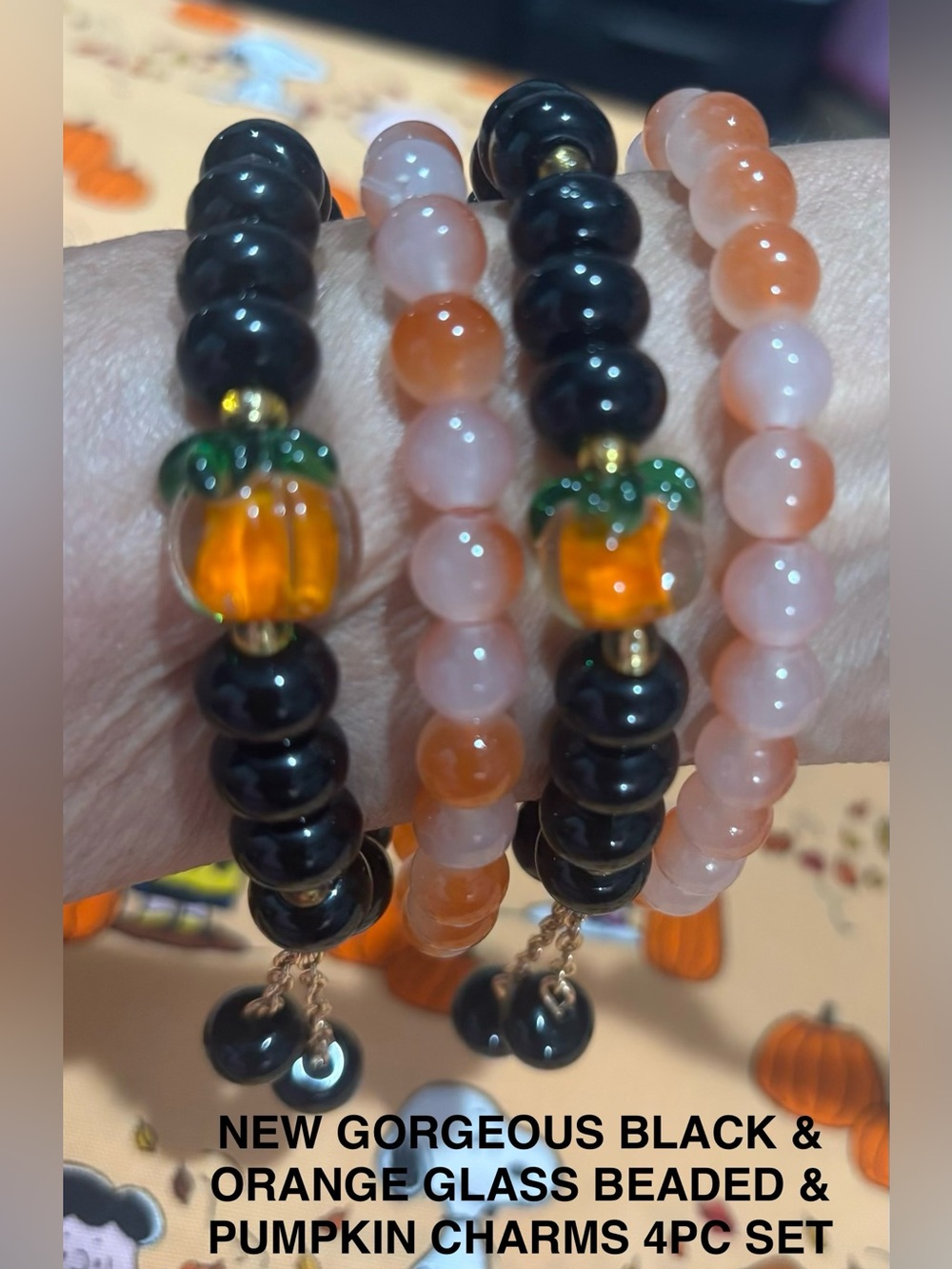 Festive Black & Orange Glass Beaded Stretch Bracelet Set with Pumpkin Charms 4pc